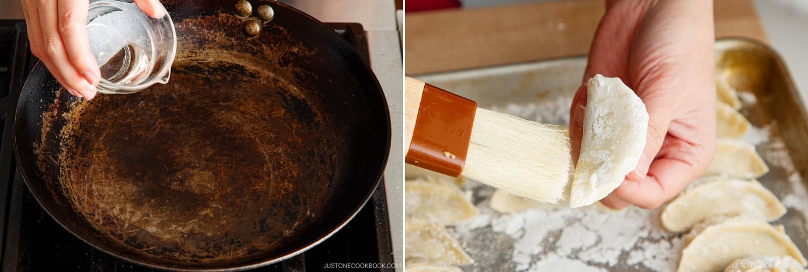 Heat a large nonstick or carbon steel frying pan over medium heat. When hot, add 1 Tbsp neutral oil. Dust off any potato starch from the gyoza bottoms with a pastry brush. Nami's Tip: I use an 11" carbon steel pan.