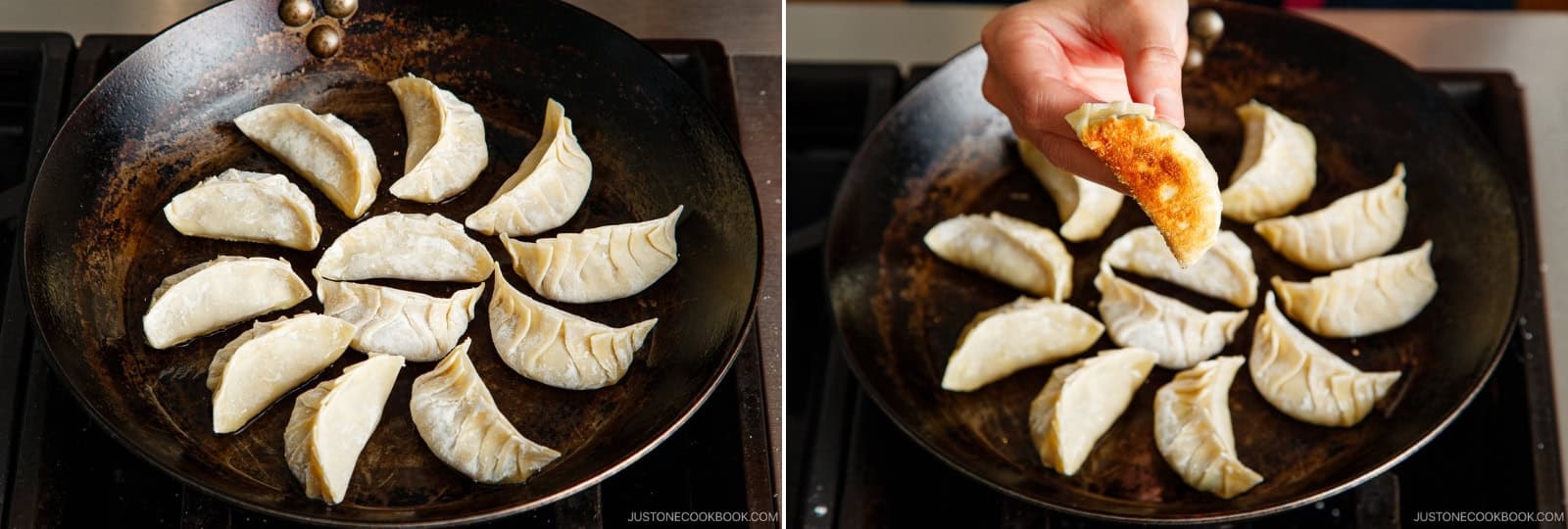 Place the gyoza in the pan, flat side down in a single layer in a circular pattern. Leave space between each piece so they don‘t touch. Cook about 3 minutes, until the bottoms are golden brown and release cleanly from the pan. Nami's Tip: Cook the gyoza in batches or use two frying pans. You can also arrange them in one or two rows if preferred, leaving space between each piece.
