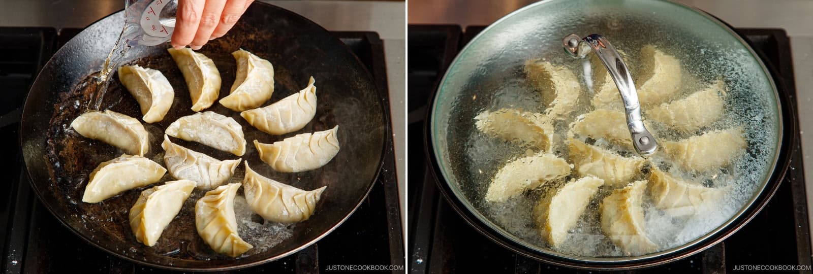 Add 4 Tbsp water to the pan and immediately cover with a lid. Steam for about 3 minutes, until most of the water evaporates. Nami's Tip: Steam frozen gyoza an extra 1–2 minutes.