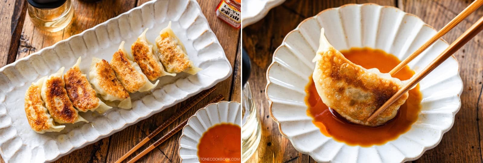 Transfer to a plate and serve with a side of dipping sauce. For each serving, mix 1 Tbsp rice vinegar, 1 Tbsp soy sauce, and optional ⅛ tsp la-yu in an individual sauce plate or bowl.