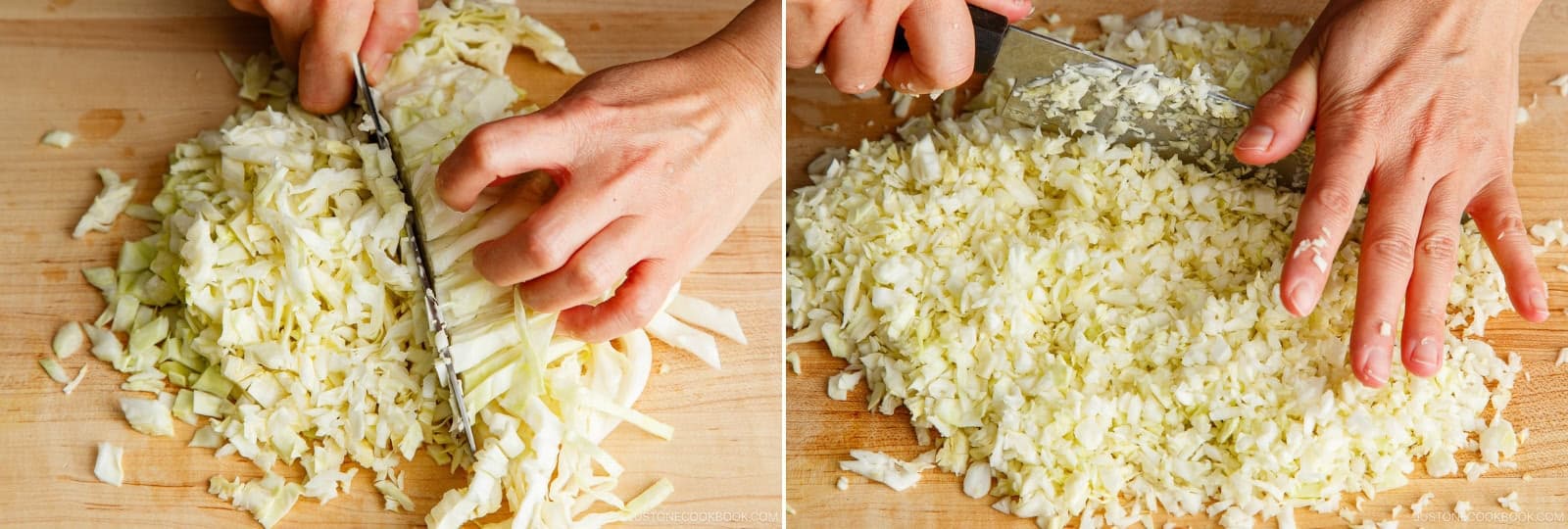 Finely chop crosswise. Pay extra attention to the thick white ribs—mince them until very fine.