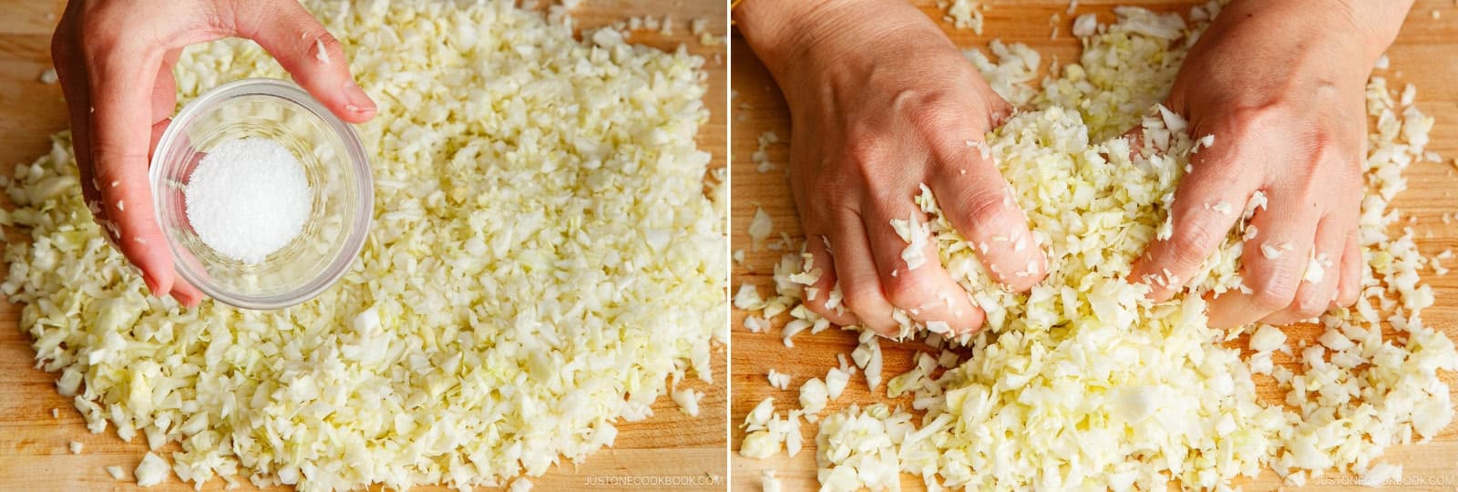 Sprinkle with 1 tsp Diamond Crystal kosher salt and rub it in with your hands. Transfer to a bowl and let sit until wilted.Nami's Tip: Salting draws out the moisture so the wrappers don't get soggy. Alternatively, you can blanch or microwave the thick, hard leaves until soft, or skip wilting altogether.