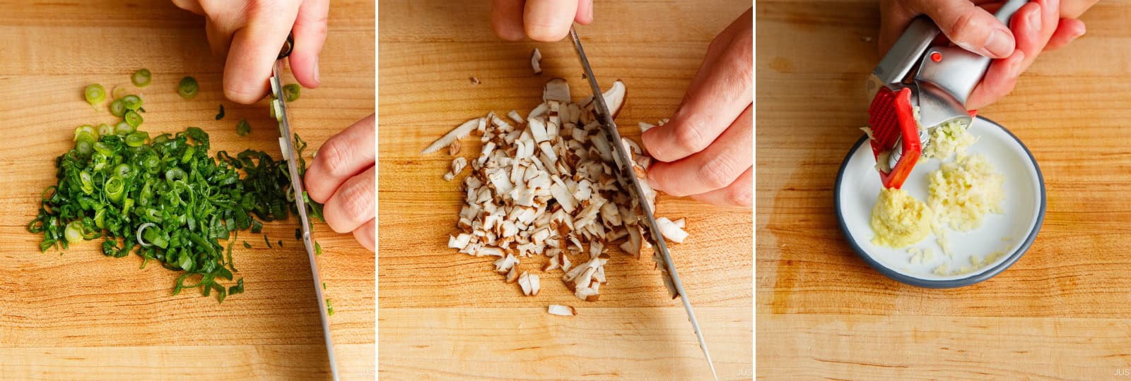 Mince 2 green onions/scallions into small pieces. Cut off the stems from 2 shiitake mushrooms, thinly slice the caps, then mince the slices into small pieces. Grate the ginger with a ceramic grater and add 1 tsp ginger (grated, with juice) to a small plate. Mince or press 2 cloves garlic (I use a garlic press) and add to the plate.