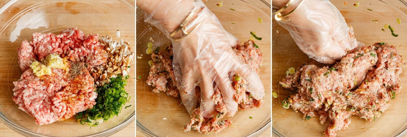 Add ½ lb ground pork, the green onions, and the shiitake mushrooms to a large bowl. Add 2 tsp sake, 2 tsp toasted sesame oil, 2 tsp soy sauce, ⅛ tsp freshly ground black pepper, the ginger, and the garlic. Put on plastic disposable gloves if preferred, then knead the mixture until sticky and pale.Nami's Tip: Kneading binds the meat proteins so the texture is springy and smooth.