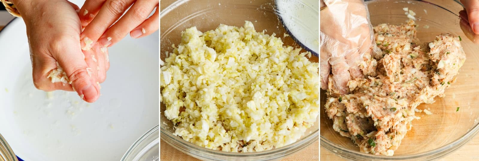 Squeeze the water from the salted cabbage and add to the pork mixture. Knead the filling until the cabbage is fully incorporated and the mixture is uniform.