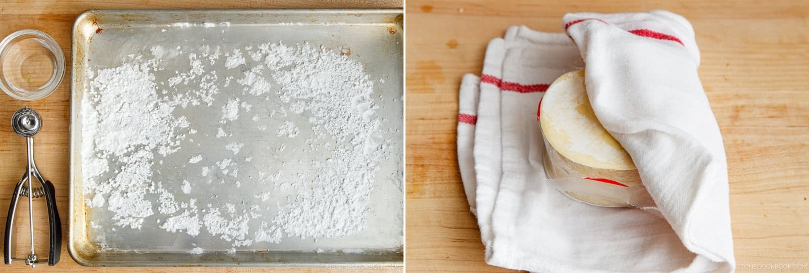 Prepare a small bowl of water and a baking sheet lined with parchment paper or dusted with 2 Tbsp potato starch (or cornstarch). Open 1 package gyoza wrappers and cover them with a damp towel or plastic wrap at all times.Nami's Tip: The gyoza skin edges dry out quickly. Covering with a damp kitchen cloth or paper towel keeps them moist and easy to use.