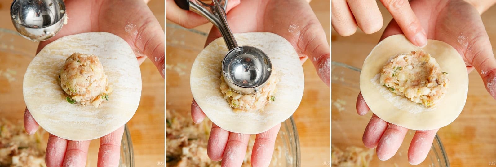 Hold one wrapper in the palm of your non-dominant hand (left hand for me). Measure 1 level Tbsp (or a scant ¾ Tbsp for beginners) of filling with a small cookie scoop. Place the filling in the center of the wrapper and flatten it with the scooper bowl to press out any trapped air. Dip one finger in water and use it to moisten a circle on the wrapper's outer ¼ inch (6 mm). Nami's Tip: Do not overstuff the gyoza or the filling will squeeze out and make folding difficult.