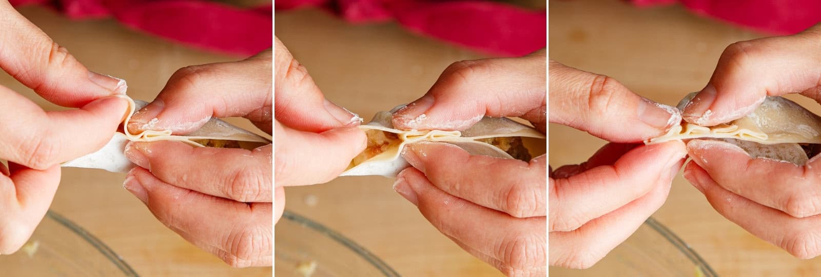 Fold the wrapper in half over the filling. Pinch the two sides together at the top center, but don’t seal it yet. Right side: Starting to the right of top center, fold a pleat leaning toward the center into the top half of the wrapper using your right thumb and index finger. Tightly press the folded pleat against the back half of the wrapper using your left thumb and index finger. Fold 2–3 more pleats on the right side ¼ inch (6 mm) apart.