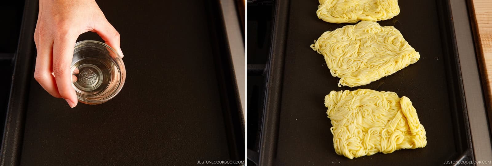 Heat a griddle, large frying pan, or wok on medium heat. Add 2 Tbsp neutral oil. Unwrap 3 servings yakisoba noodles (they come pressed into squares) and add them to the griddle.Nami's Tip: Use cookware with a large surface area so your ingredients make direct contact with the heat. That's what gives yakisoba its signature charred street food flavor.