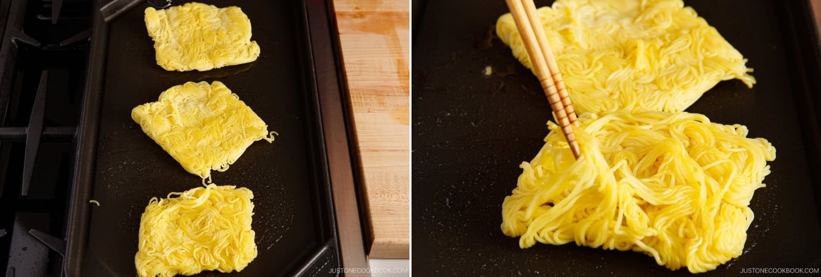 Once the bottom is heated, flip the noodle squares and warm the other side.Nami's Tip: Warming the noodles first loosen them naturally. Cold noodles will break if you force them apart, so be patient and let the heat do the work.