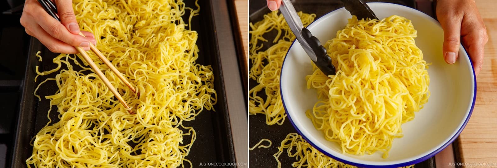 Use chopsticks to gently separate the noodles as they loosen. Once loosened, transfer to a plate.