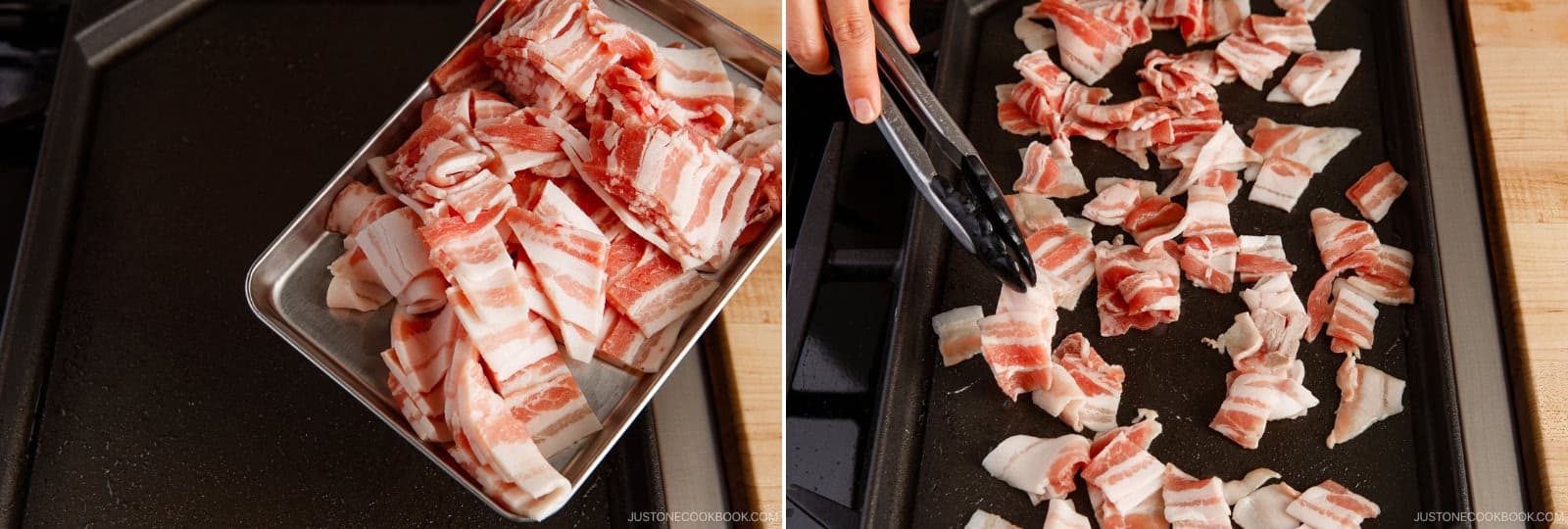 Add the pork belly to the hot griddle, separating the clumps so the slices are in a single layer. Season with freshly ground black pepper. Nami's Tip: If using a different protein, drizzle an additional 1 Tbsp oil onto the griddle.