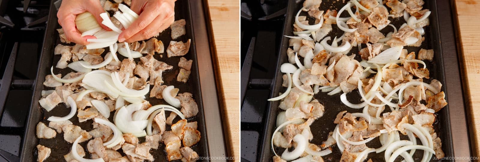 Add the onion to the griddle and stir, separating the layers. Cook for 1–2 minutes, until tender and slightly charred.Nami's Tip: Add vegetables in stages—hard ones first, soft ones last. This keeps their texture and crunch intact. Don't overcrowd the pan—too many ingredients at once will steam the noodles instead of stir-frying them.