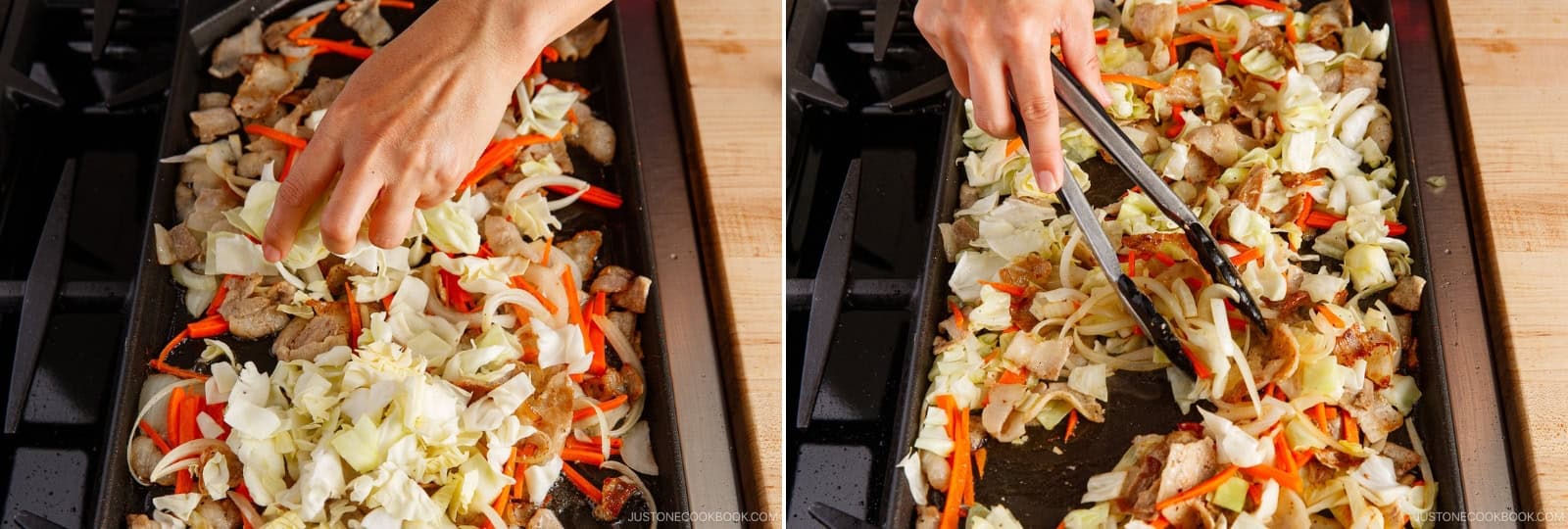 Add the cabbage and shiitake mushrooms and cook until they are coated with oil and begin to soften.