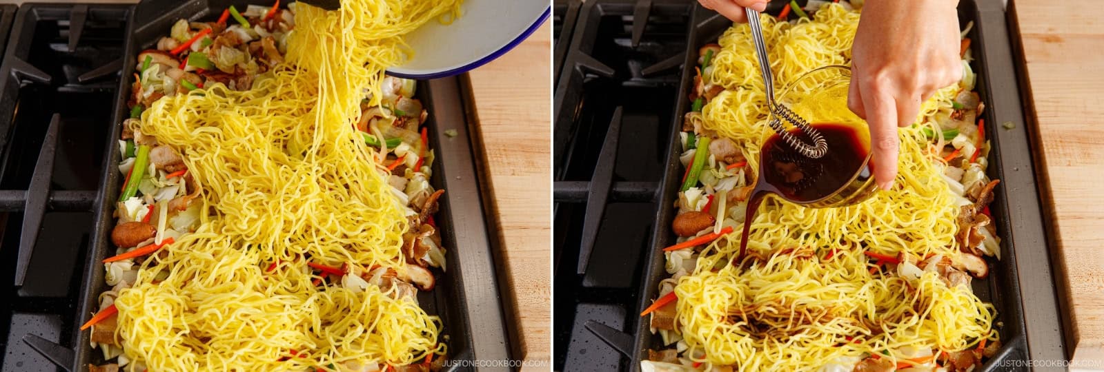 Spread out the protein and vegetables in the pan. Place the yakisoba noodles on top and drizzle with ⅓ cup yakisoba sauce. Toss with tongs until evenly coated. Taste and add more sauce, if needed.