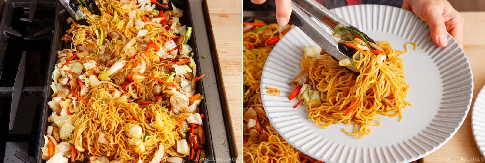 Toss the noodles frequently to prevent sticking. Once coated in the sauce and warmed through, serve immediately on individual plates.