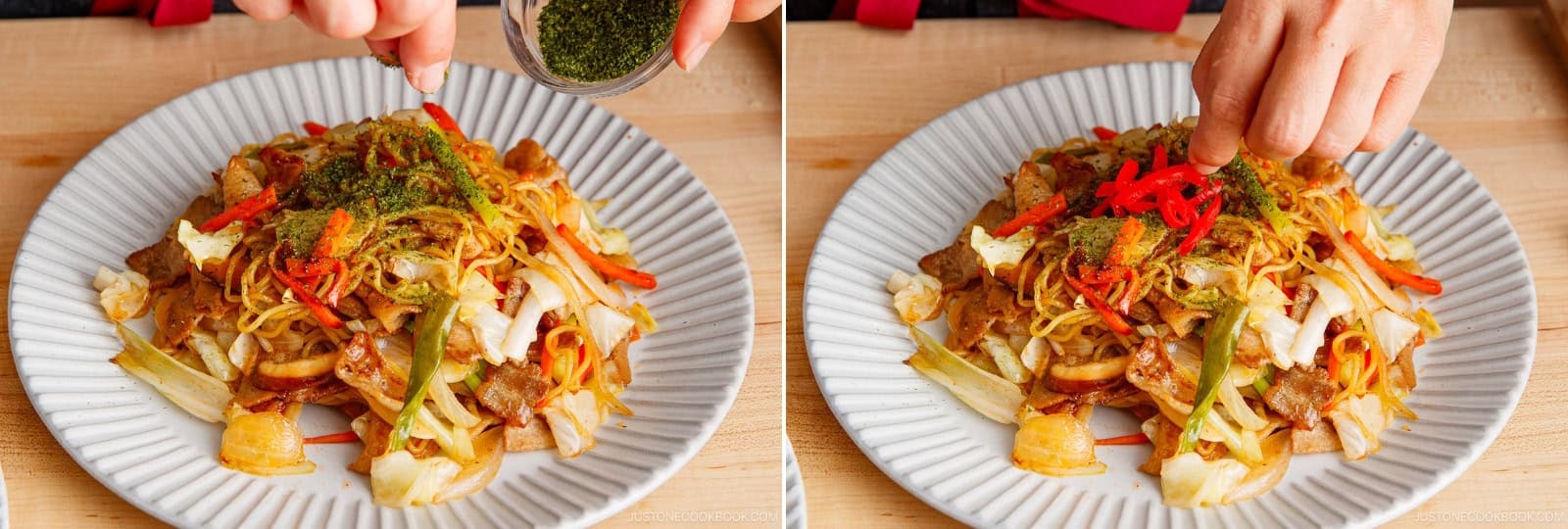 Garnish with aonori seaweed and pickled red ginger, if desired, and serve immediately.