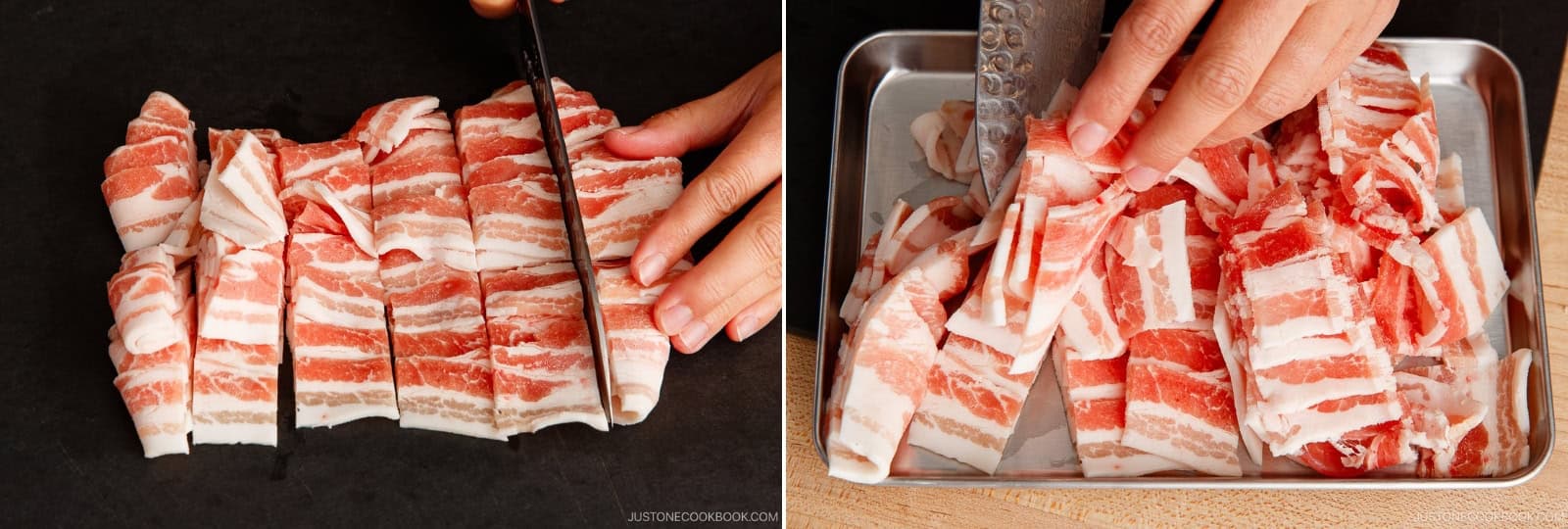 Cut the partially frozen ¾ lb sliced pork belly crosswise into 1-inch (2.5-cm) pieces.