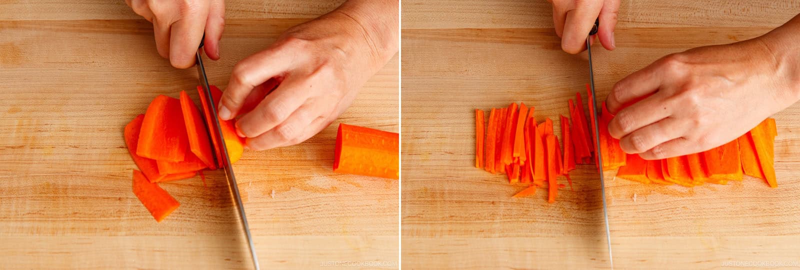 Cut 4 inches carrot into 2-inch slabs and thinly slice into julienne strips.