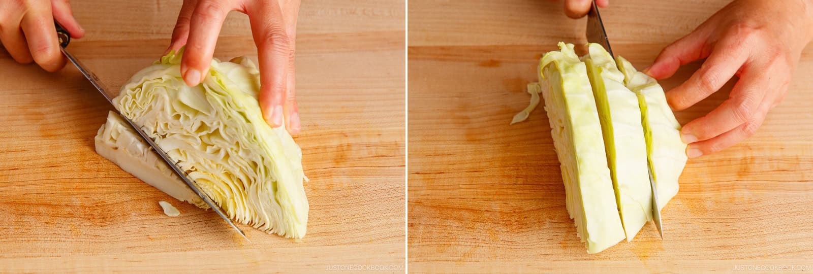 Remove the core from ¼ small head green cabbage. Cut the cabbage wedge into 1-inch (2.5-cm) slices.