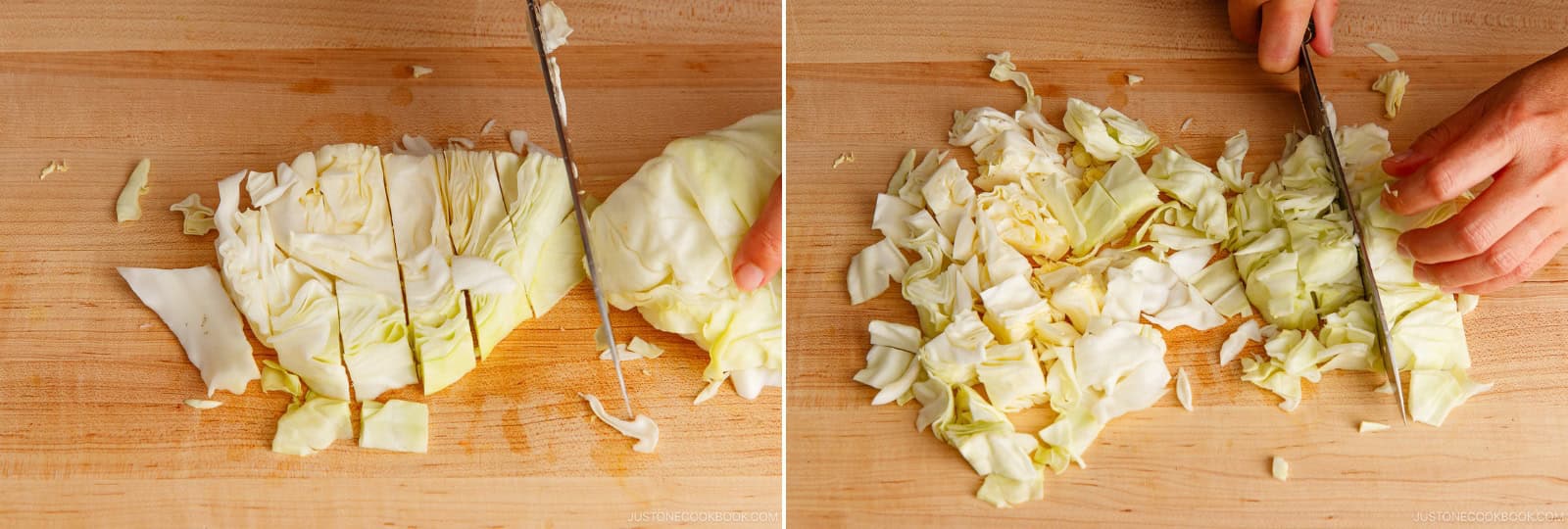 Cut the cabbage slices into bite-sized pieces.
