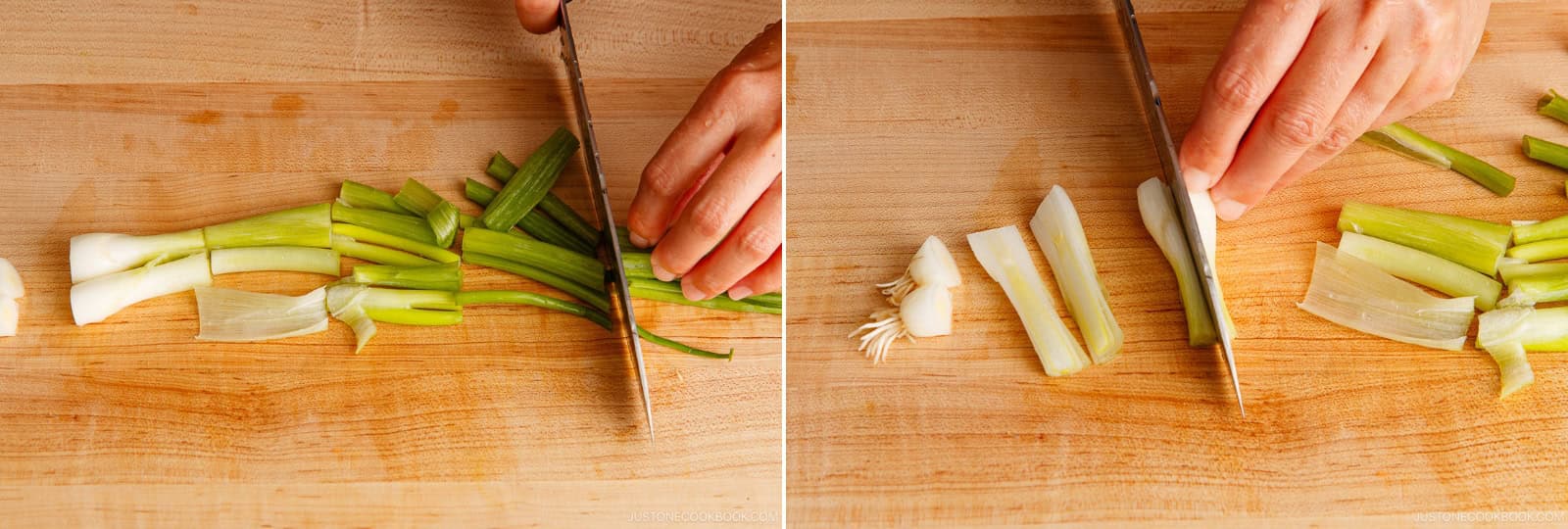 Chop 2 green onions/scallions into 2-inch (5-cm) pieces. Cut any thick, white parts of the green onions in half lengthwise.