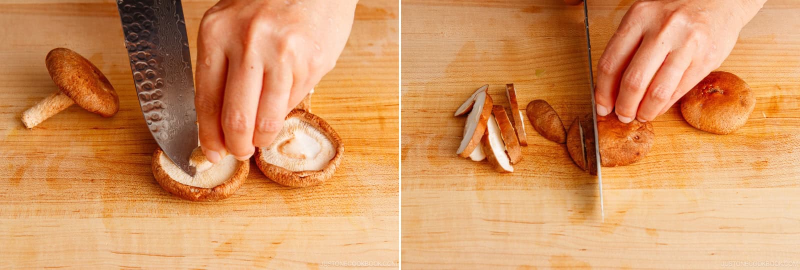 Remove the stems from 3 shiitake mushrooms and cut the caps into ¼-inch (6-mm) slices.