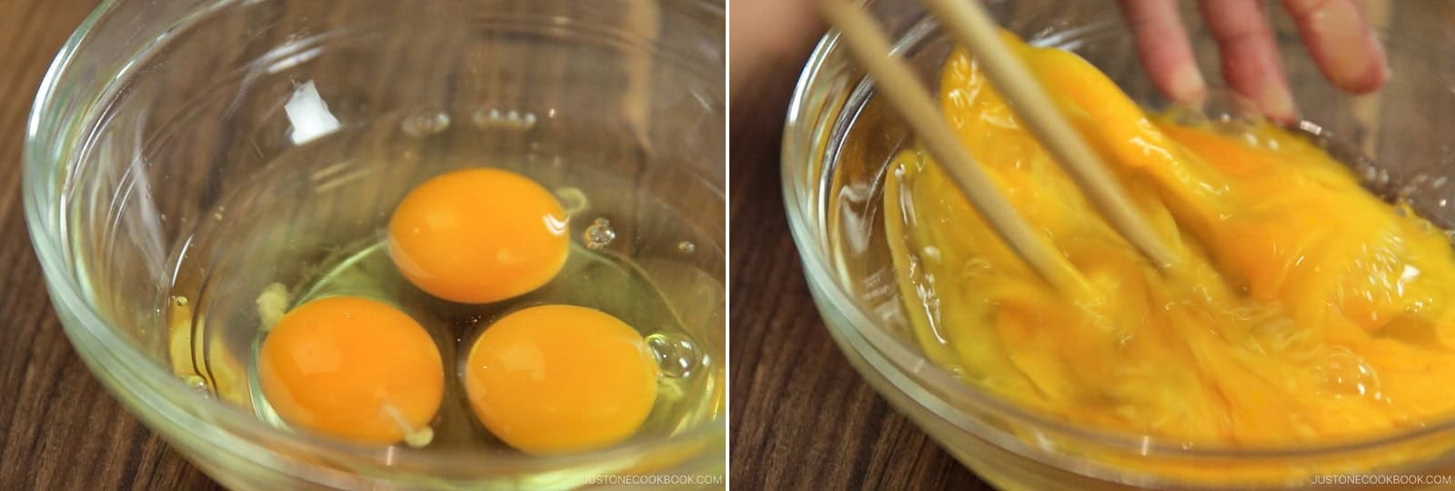 Crack 3 large eggs (50 g each w/o shell) into a bowl. Whisk by "cutting" through the eggs with chopsticks in a zig-zag motion, taking care not to overmix.