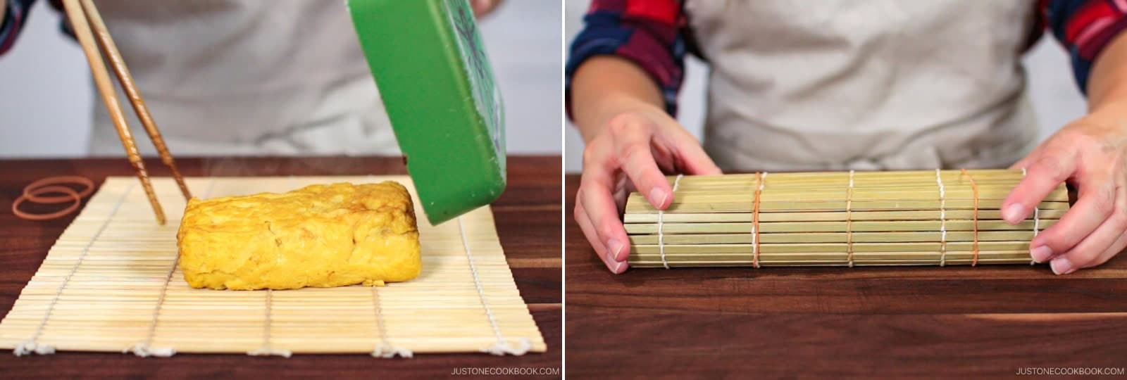 Remove the omelette from the pan. While still hot, place it on a bamboo sushi mat and roll tightly to set the shape. Let stand for 5 minutes.Nami's Tip: Rolling in the bamboo mat is optional but recommended for a neat log shape.