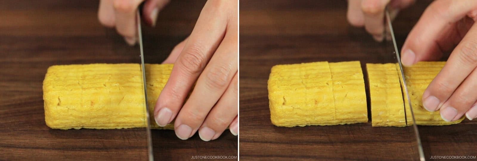 Slice the omelette crosswise into ½-inch (1-cm) pieces. Optionally, serve with a mound of grated daikon and a splash of soy sauce on the side.Nami's Tip: Gently squeeze out any excess water from grated daikon.