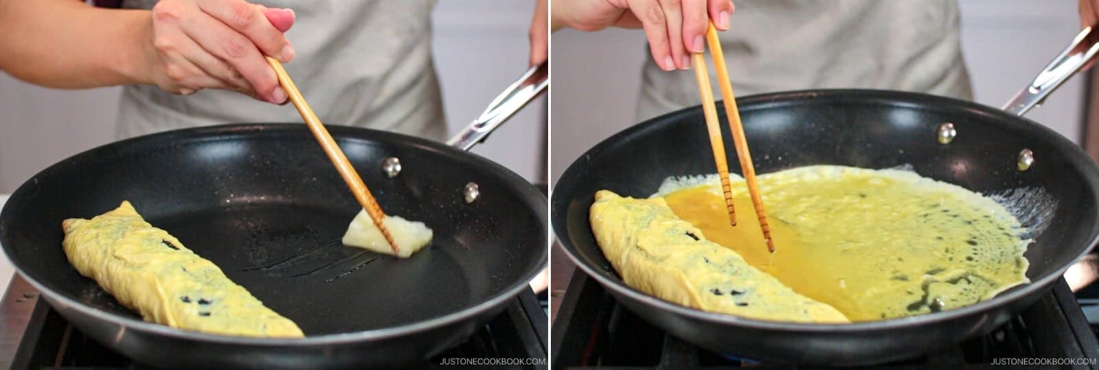 If you don't have a rectangular tamagoyaki pan, a round frying pan works too. As you roll, tuck in both rounded edges of the egg layer before each roll to keep the shape straight—or trim the edges with a knife once finished. The roll will be shorter, but just as delicious.