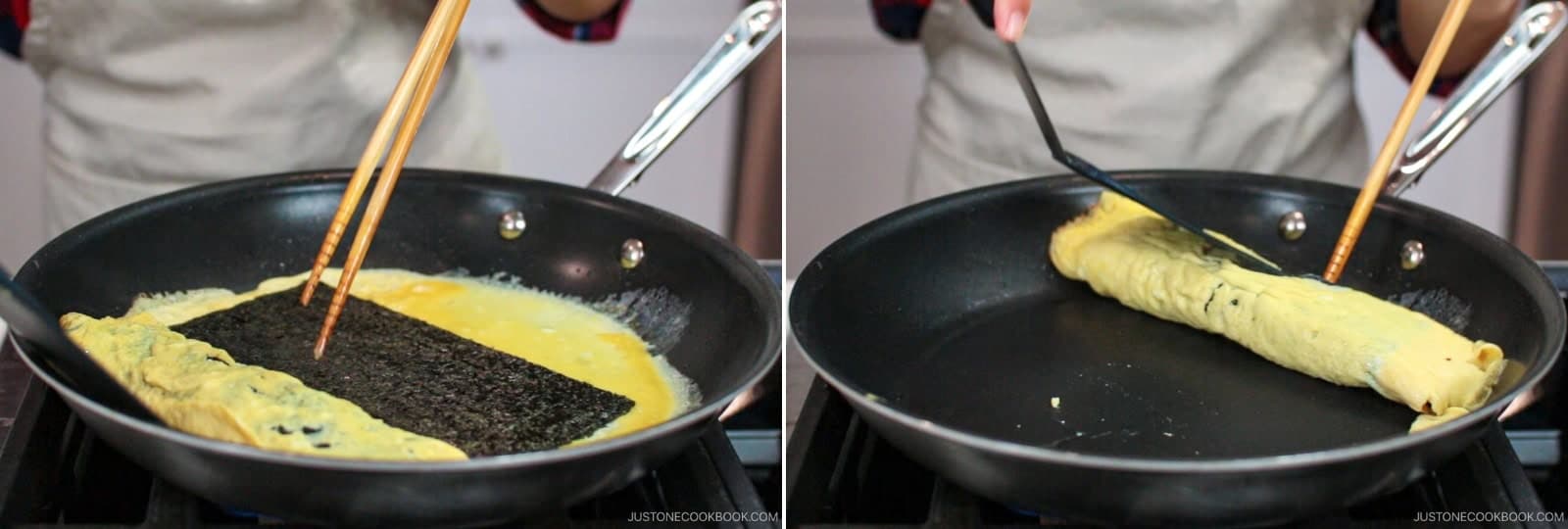 If you'd like to add a filling such as a nori sheet, place it on top of the egg layer when the bottom is set and the top is still slightly runny, then roll as usual.