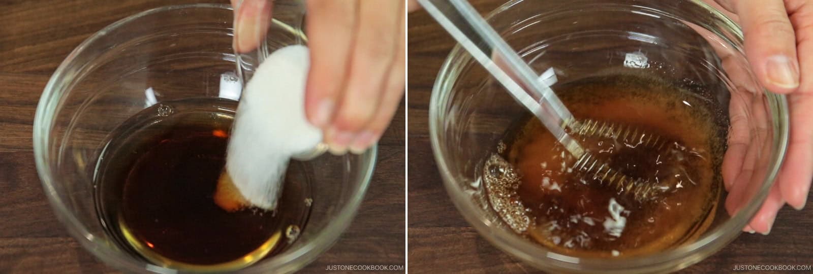 Combine the seasonings in another bowl: 3 Tbsp dashi (Japanese soup stock), 2 tsp sugar, 1 tsp soy sauce, 1 tsp mirin, and 2 pinches Diamond Crystal kosher salt. Mix well.