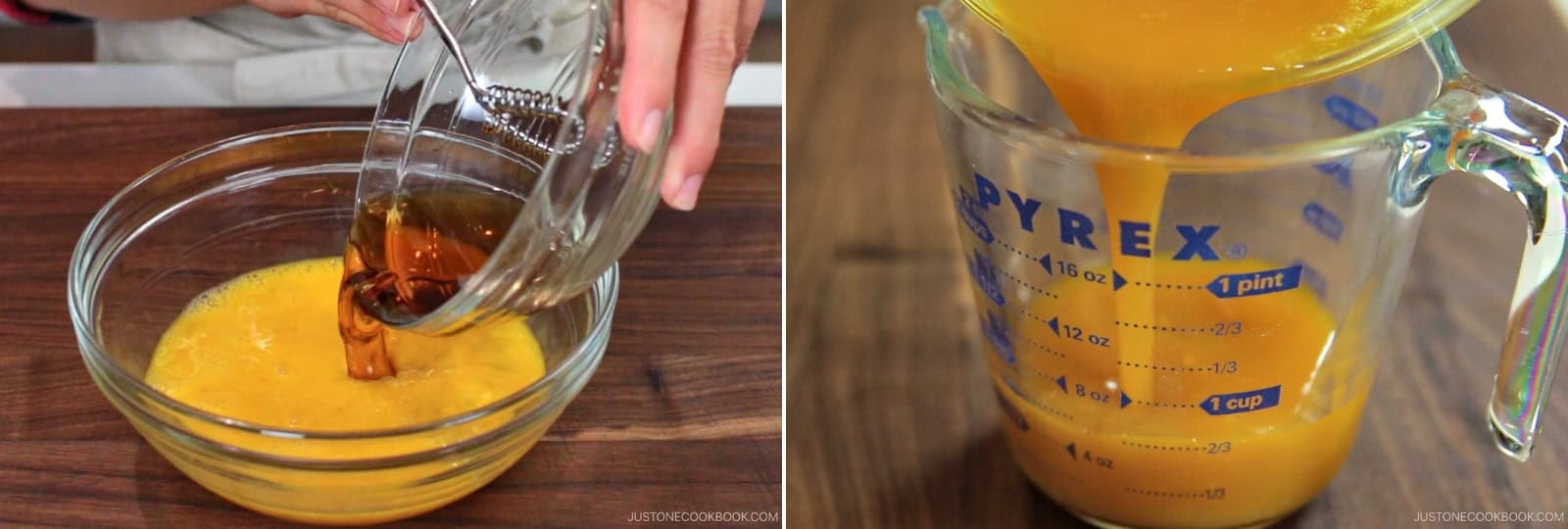 Add the seasonings to the eggs and whisk to combine. Don't overmix. Transfer the mixture to a measuring cup with a spout.