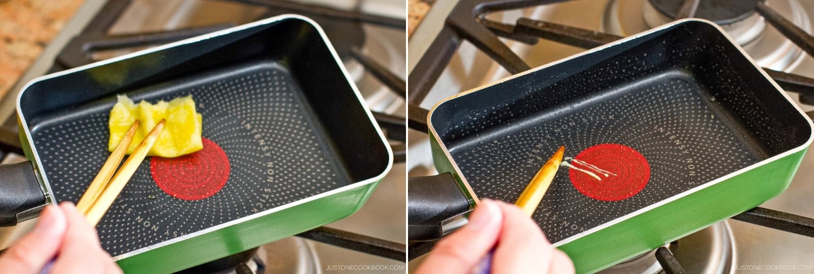 Heat the pan over medium heat. Dip a folded paper towel in 2 Tbsp neutral oil and apply a thin layer to the pan. Add a drop of egg mixture — if it sizzles, the pan is ready.