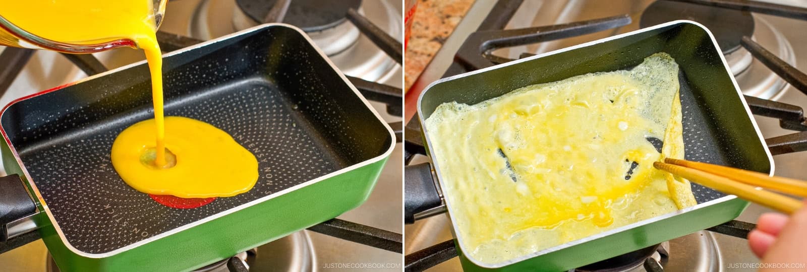 Pour a thin layer of egg into the pan and quickly tilt it so the mixture coats the entire cooking surface. Poke any air bubbles with cooking chopsticks.