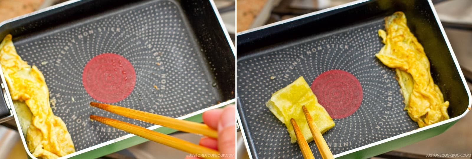 When the bottom is set but the top is still runny, roll the egg into a log shape using chopsticks or a spatula, starting from the far side of the pan toward the handle. Move the rolled omelette to the far side. Apply more oil to the pan with a paper towel, even under the omelette.Nami's Tip: Don't worry about rolling perfectly at this stage, since the inner layers will be hidden inside.