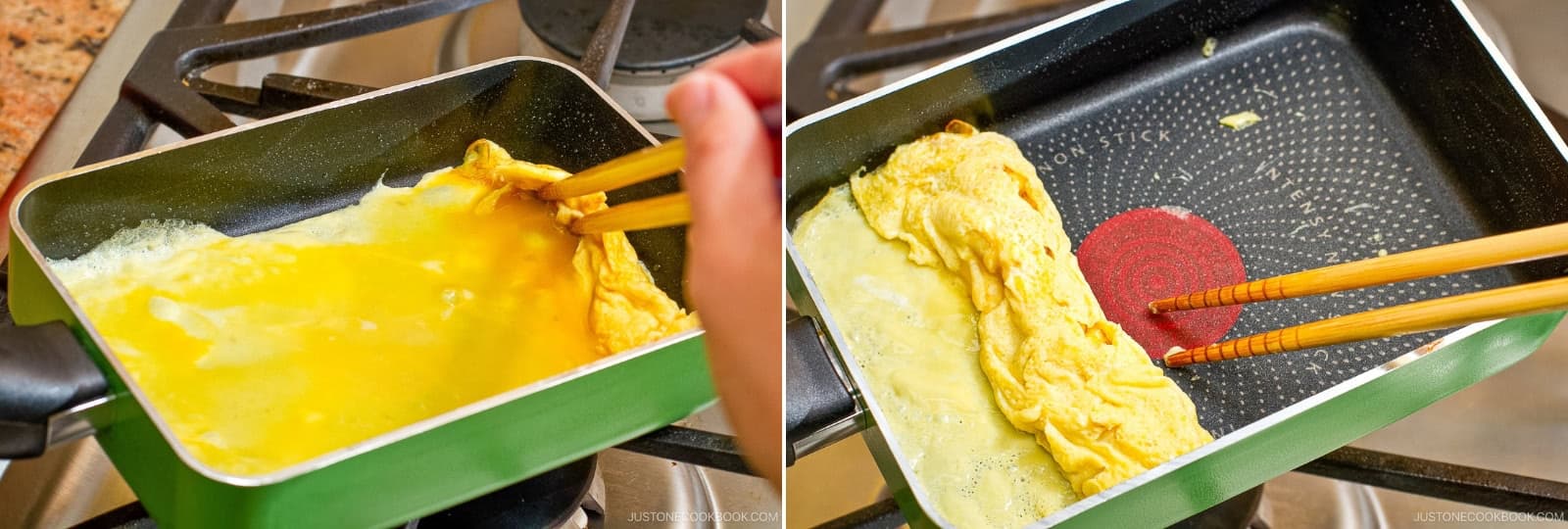 Pour the second thin layer of egg, just enough to cover the bottom of the pan. Lift the rolled omelette and tilt the pan to spread the egg mixture underneath. When the new layer of egg has set and is still soft on top, roll it as before from the far side toward the handle.Nami's Tip: Control the cooking temperature by lifting the frying pan rather than adjusting the stove heat. If the heat is too weak, the egg will stick to the frying pan, so be careful.
