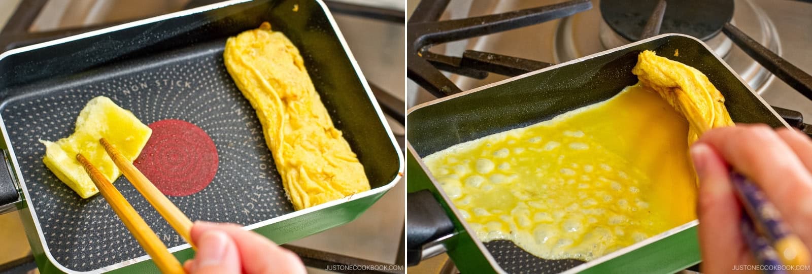 Move the rolled omelette to the far side. Reapply oil on the pan and under the omelette. Pour the next thin layer of egg and tilt to coat the entire surface—including under the omelette.