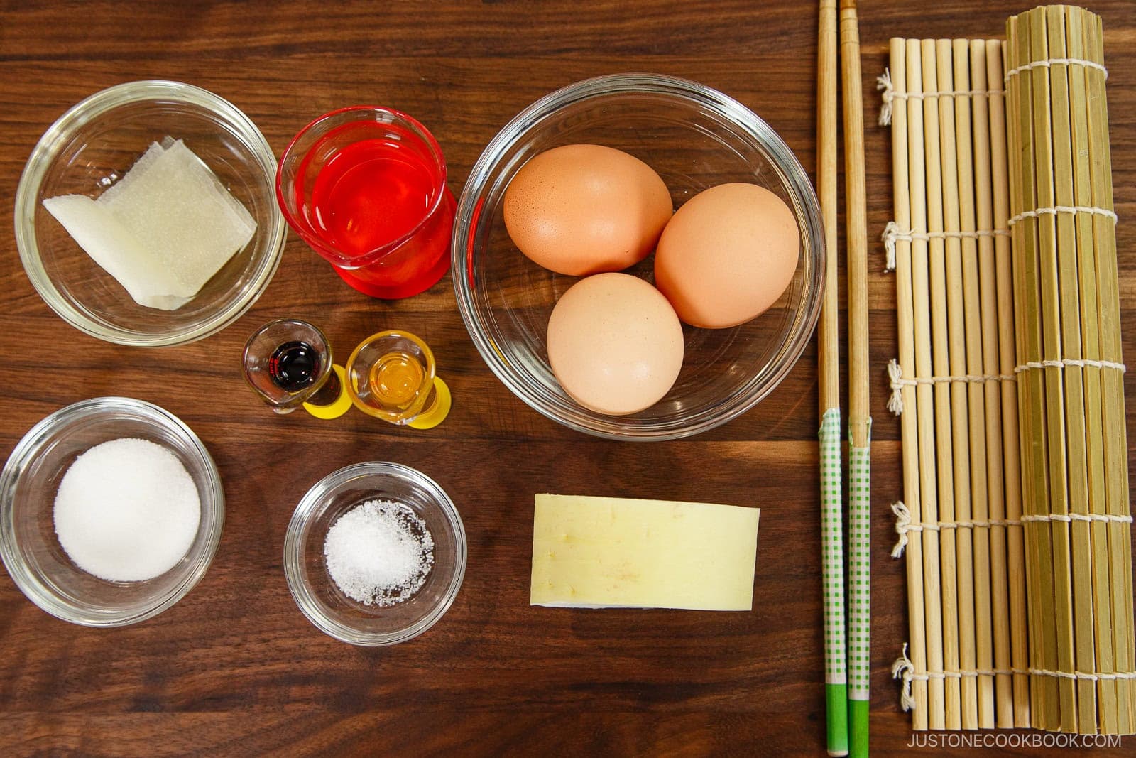Tamagoyaki with dashi is the most challenging to roll as the egg mixture is watery. If you're a beginner, practice first with my 3-Ingredient Simple Tamagoyaki recipe.Gather all the ingredients.