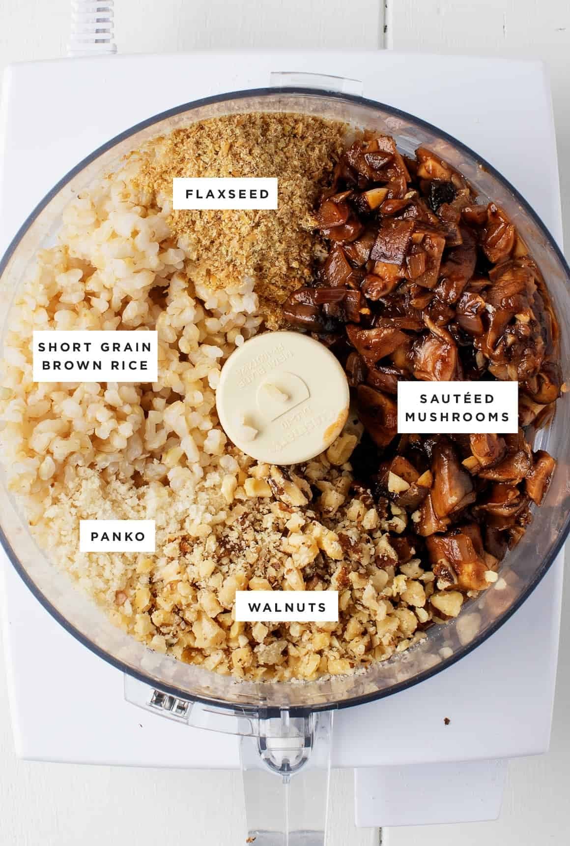 Veggie burger recipe ingredients in a food processor