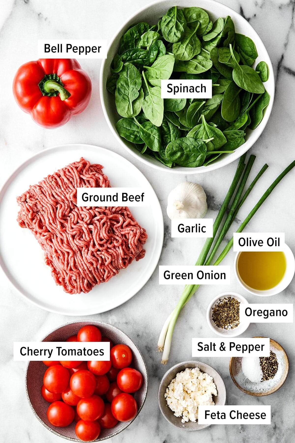 Ingredients for Mediteranean ground beef stir fry.