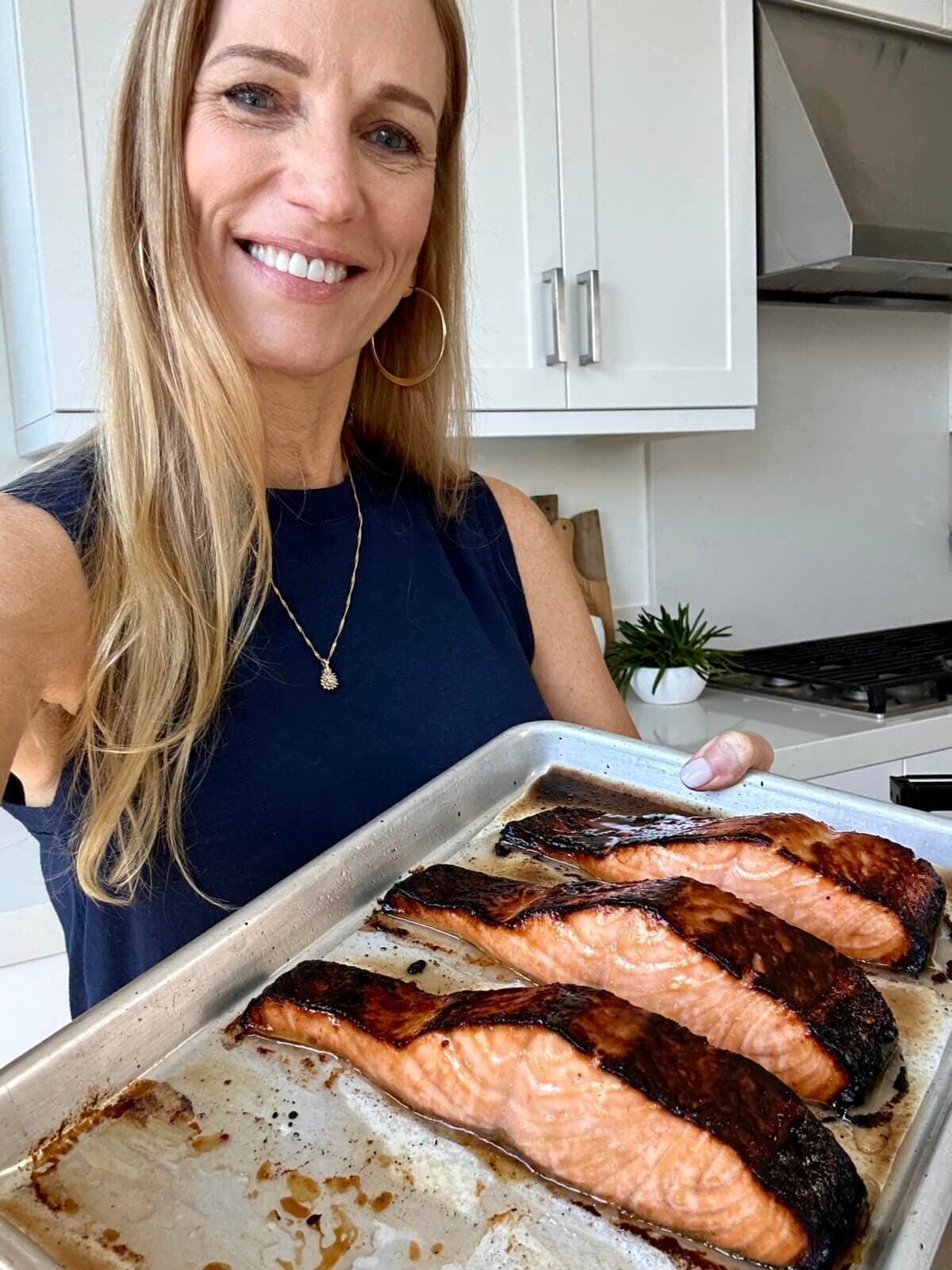 Lisa enjoying miso salmon.