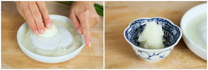 Peel 2 inches daikon radish and grate it (I use a ceramic grater). Squeeze it gently to remove most of the liquid and put the grated daikon in a small bowl.