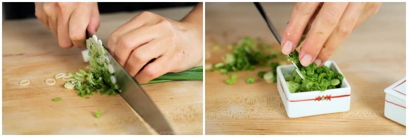 Cut 2 green onions/scallions into thin rounds and put it in a bowl.