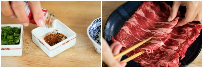 Prepare optional shichimi togarashi (Japanese seven spice) in a bowl. Lay the 1 lb thinly sliced beef (such as ribeye) on a platter.