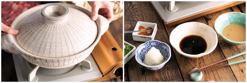 Set up a portable gas stove at the table and put the donabe on the burner. Place the platters with the ingredients on the table. Give each person their own bowls of ponzu and sesame dipping sauce. I also prepare a shallow bowl for each diner to cool their food.