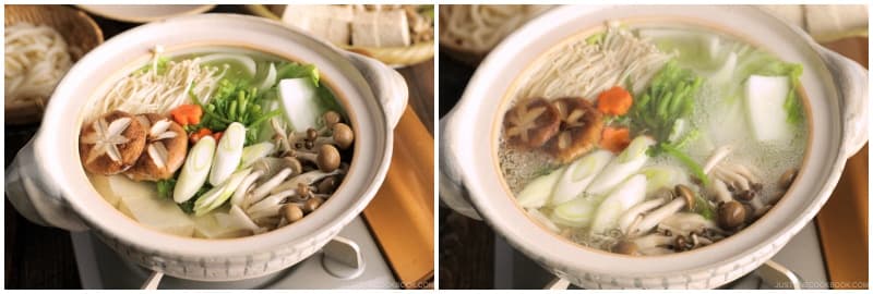 Add the tofu, tough parts of napa cabbage and shungiku, negi, carrots, and some mushrooms. Reserve the softer, leafy vegetables to cook later. You don’t have to put all the ingredients in at once; cook in batches, if you prefer. Cover to cook for 10 minutes.