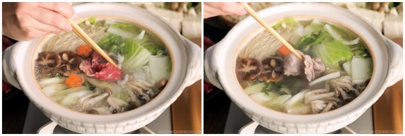When you‘re ready to eat the meat, pick up a piece of thinly sliced beef with a set of communal cooking chopsticks. Stir or “swish“ the meat in the boiling broth and cook for 20–30 seconds or until the meat is no longer pink; be careful not to overcook it.