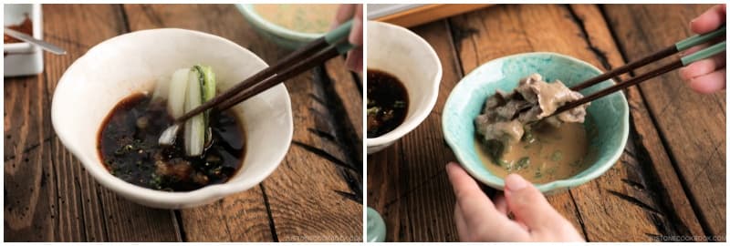 Serve the beef, vegetables, mushrooms, and tofu once cooked and enjoy the food dipped in ponzu or sesame sauce.
